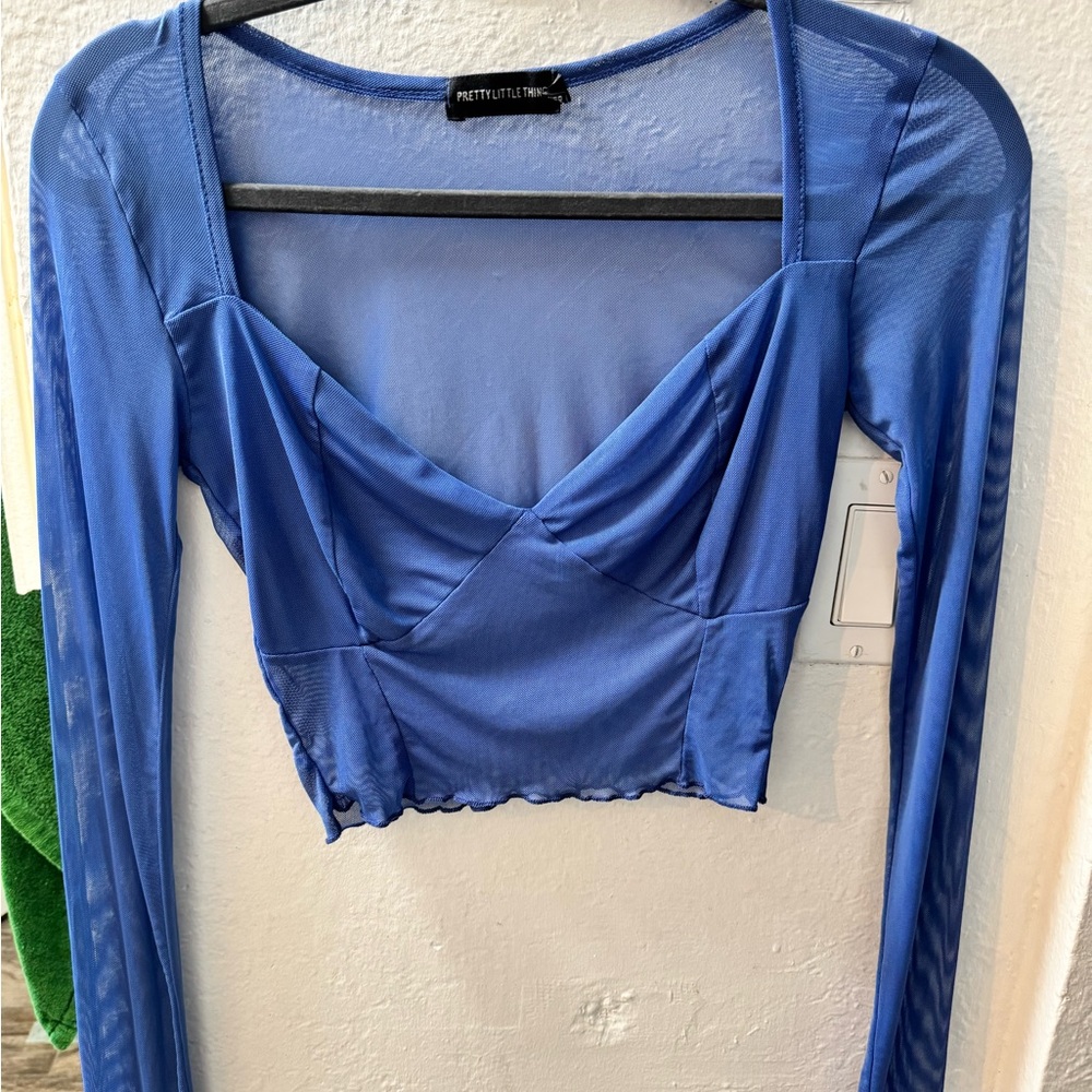 PrettyLittleThing Blue Ruched Long Sleeve Crop Top